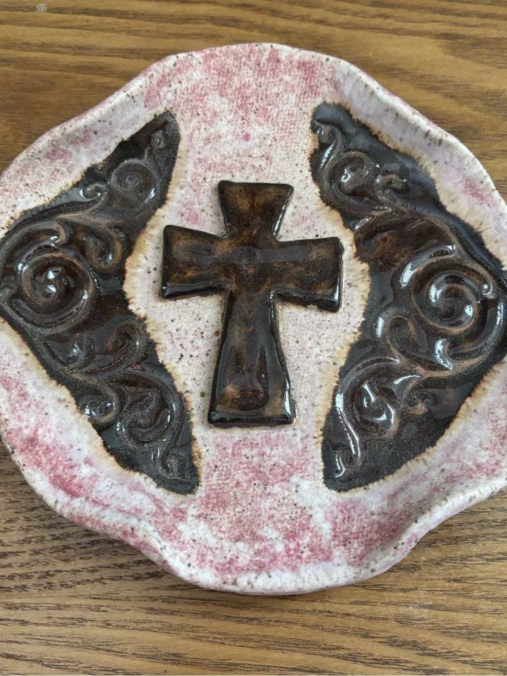 Vintage Handmade Pottery Cross Trinket Dish Platter 6.5” Local Artist Alabama